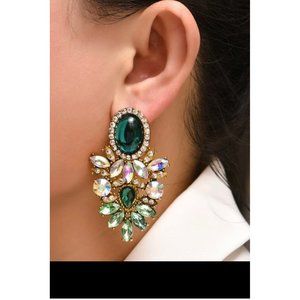 Big green earrings large Green stud Ab gold studs rhinestone crystal sparkling